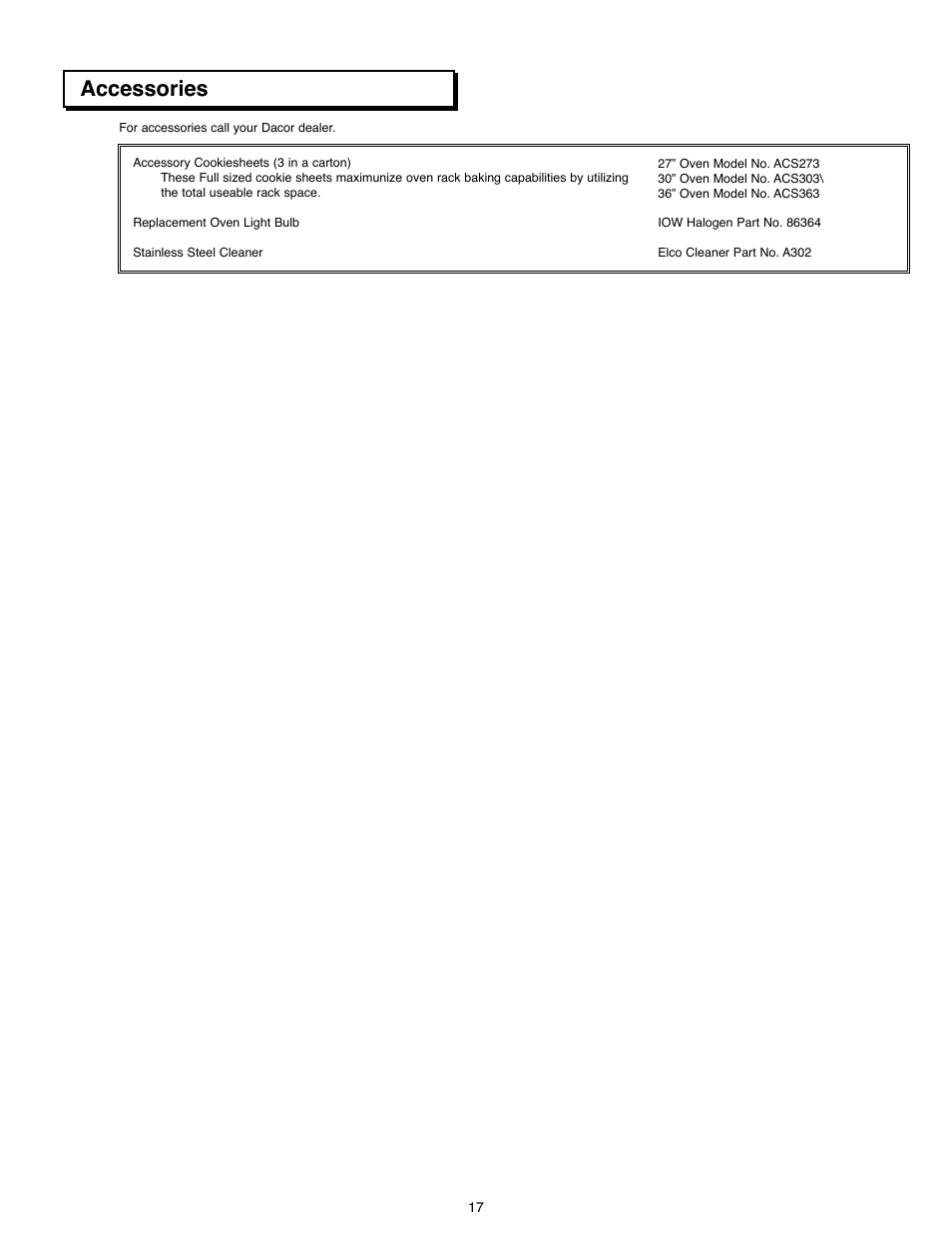 Accessories | Dacor ACS363 User Manual | Page 19 / 22