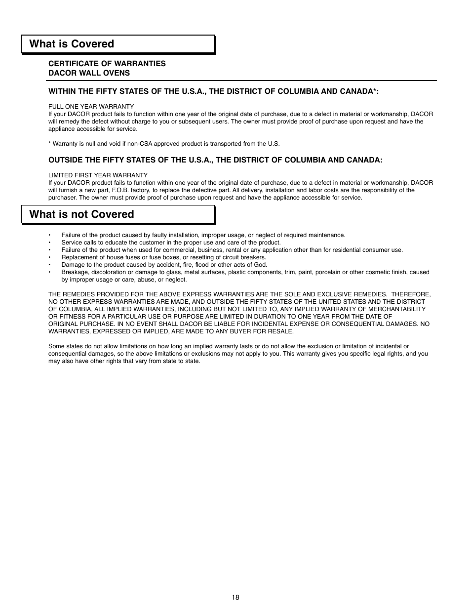 What is covered what is not covered | Dacor ACS363 User Manual | Page 20 / 22