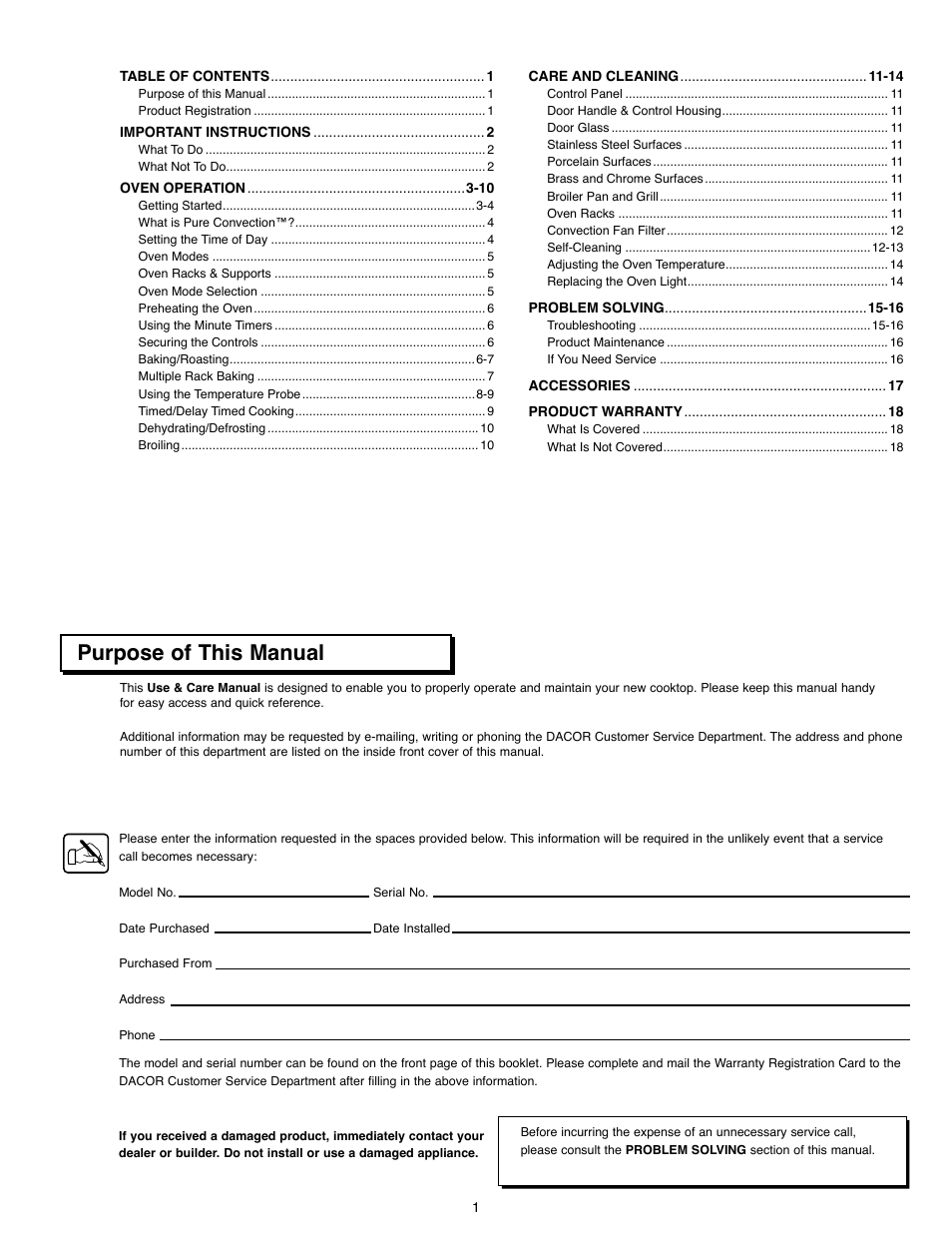 Purpose of this manual | Dacor ACS363 User Manual | Page 3 / 22