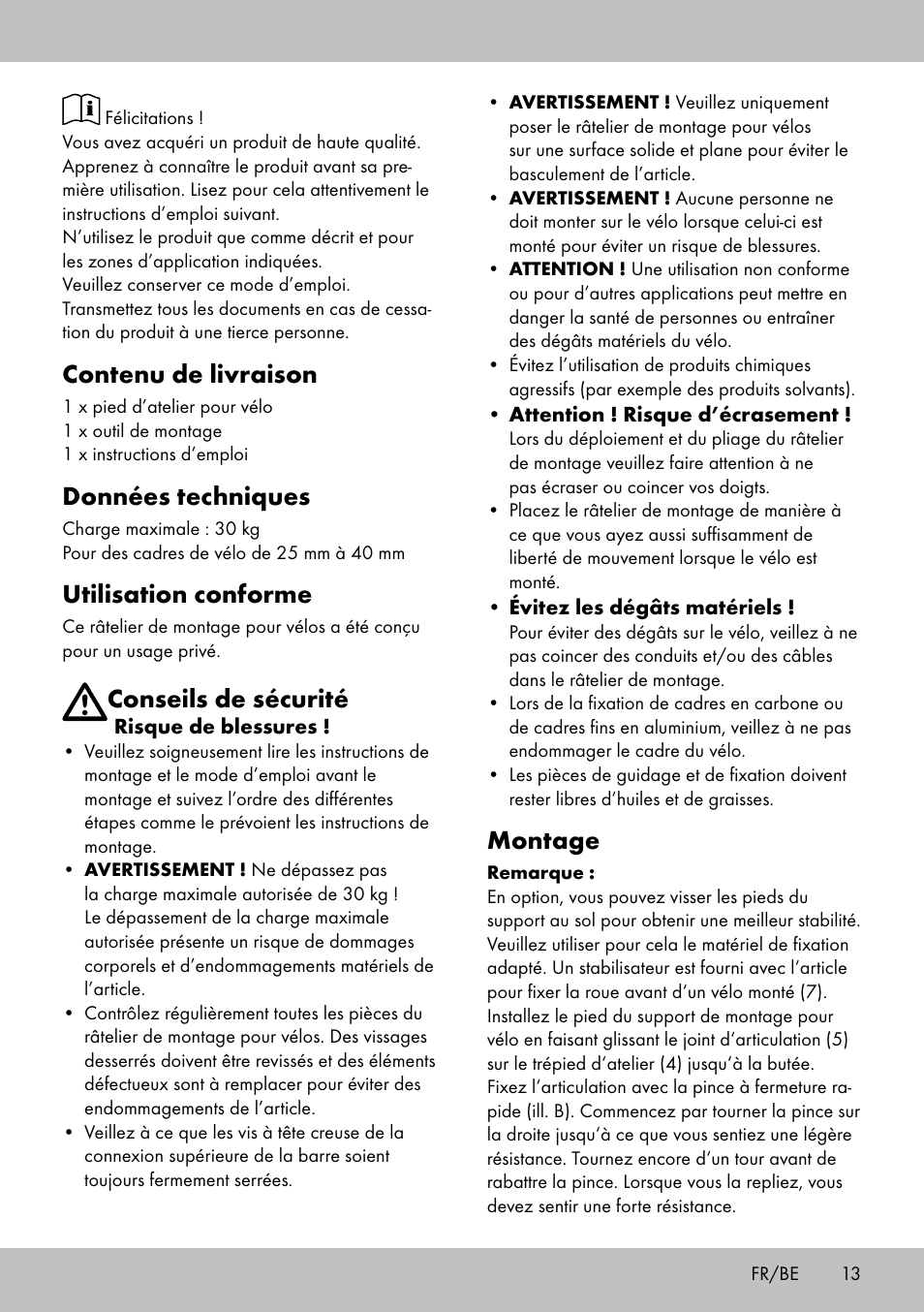 Contenu de livraison, Données techniques, Utilisation conforme | Conseils de sécurité, Montage | Powerfix Bike Workstand User Manual | Page 11 / 22