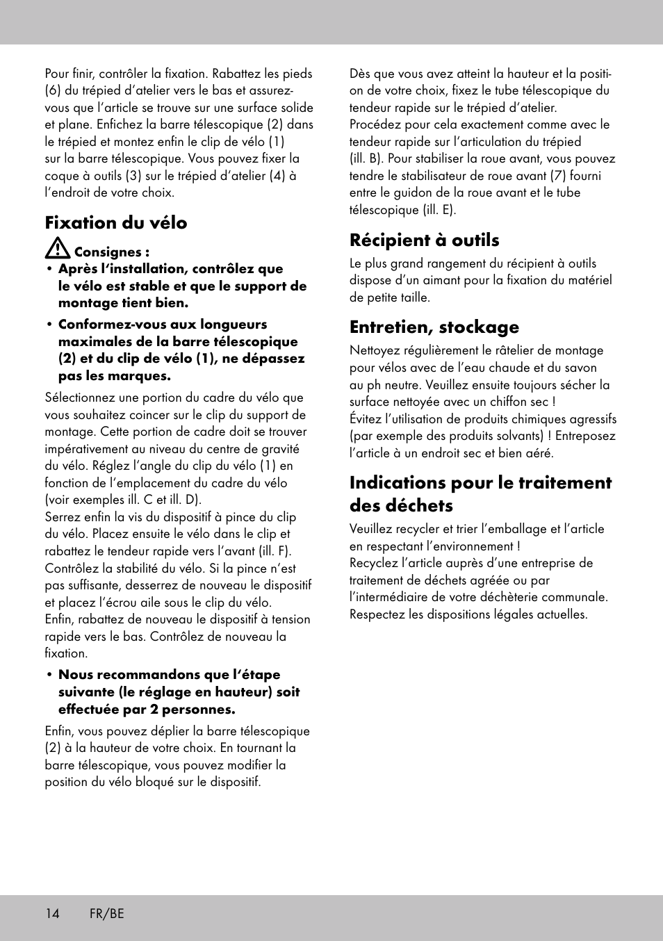 Récipient à outils, Entretien, stockage, Indications pour le traitement des déchets | Fixation du vélo | Powerfix Bike Workstand User Manual | Page 12 / 22