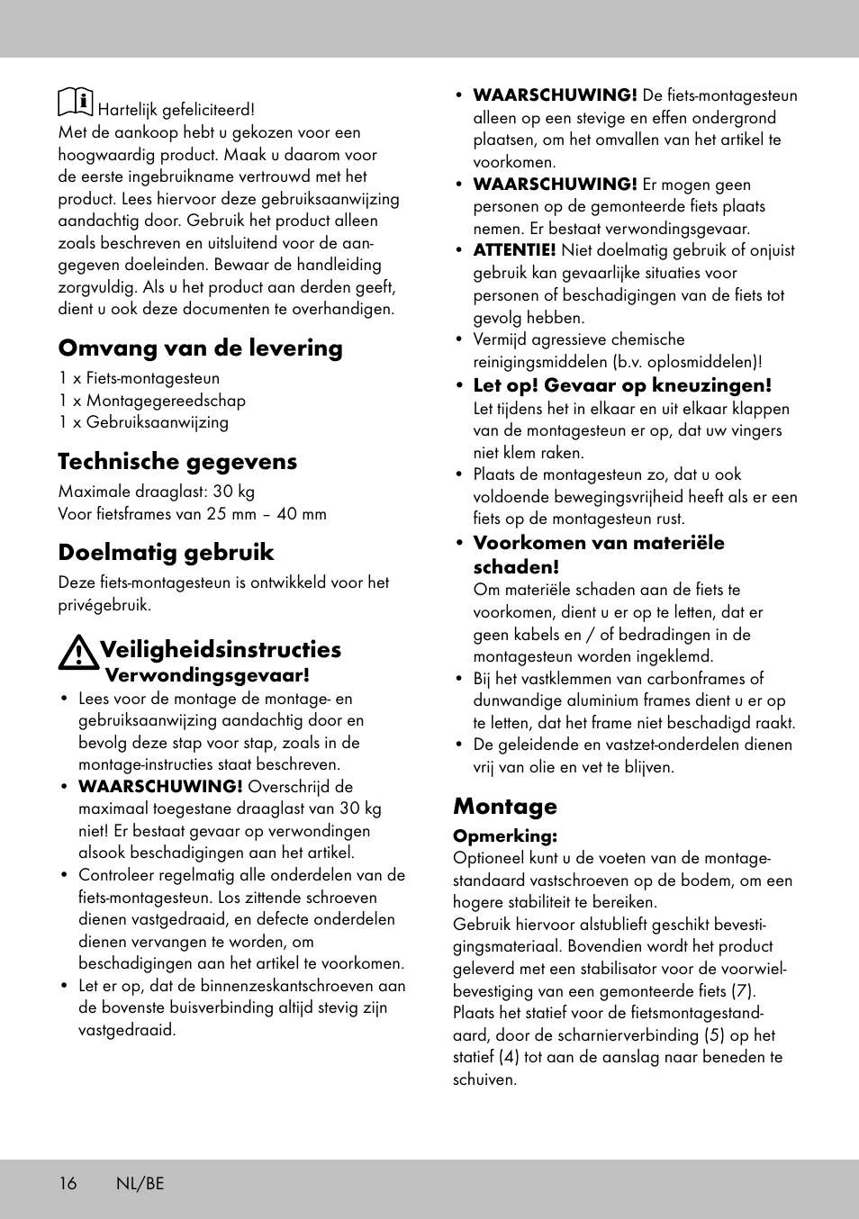 Omvang van de levering, Technische gegevens, Doelmatig gebruik | Veiligheidsinstructies, Montage | Powerfix Bike Workstand User Manual | Page 14 / 22