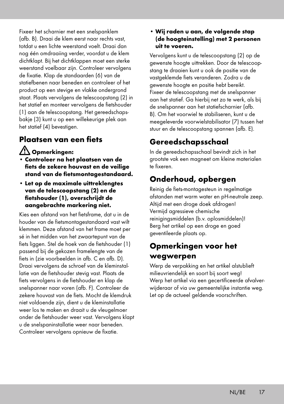 Gereedschapsschaal, Onderhoud, opbergen, Opmerkingen voor het wegwerpen | Plaatsen van een fiets | Powerfix Bike Workstand User Manual | Page 15 / 22