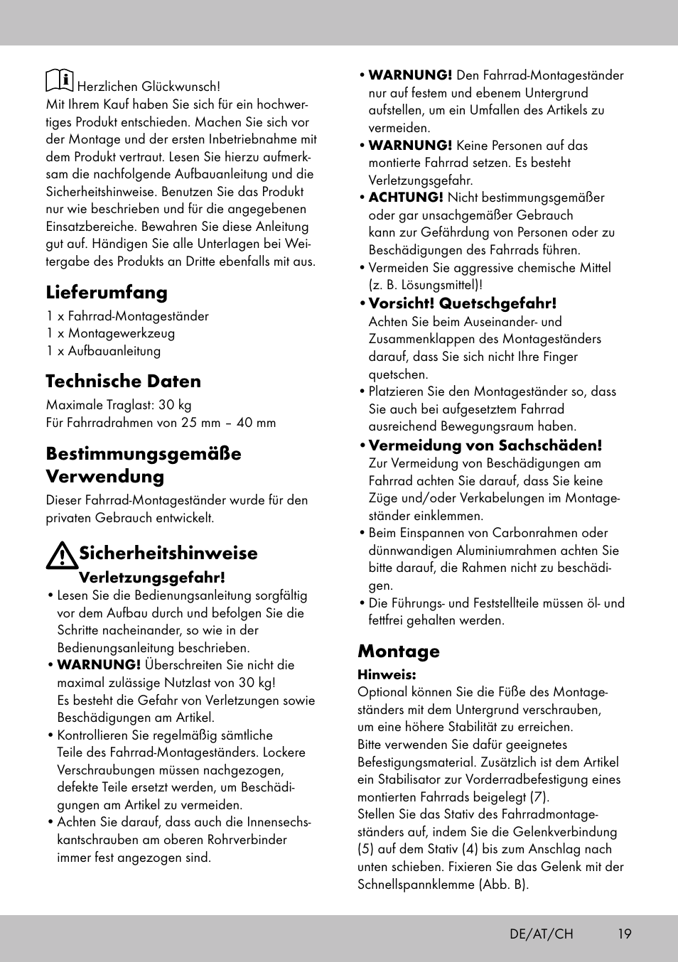 Lieferumfang, Technische daten, Bestimmungsgemäße verwendung | Sicherheitshinweise, Montage | Powerfix Bike Workstand User Manual | Page 17 / 22