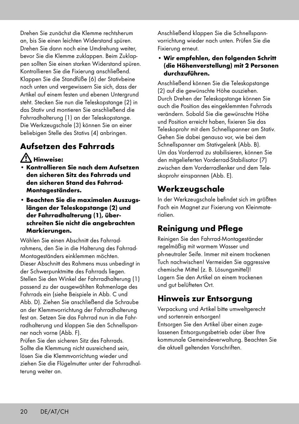 Werkzeugschale, Reinigung und pflege, Hinweis zur entsorgung | Aufsetzen des fahrrads | Powerfix Bike Workstand User Manual | Page 18 / 22