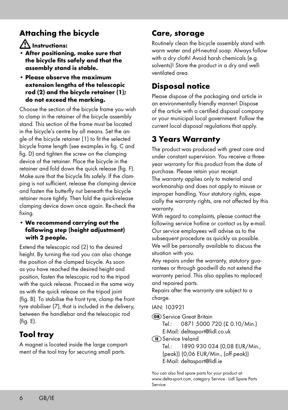 Care, storage, Disposal notice, 3 years warranty | Attaching the bicycle, Tool tray | Powerfix Bike Workstand User Manual | Page 4 / 22