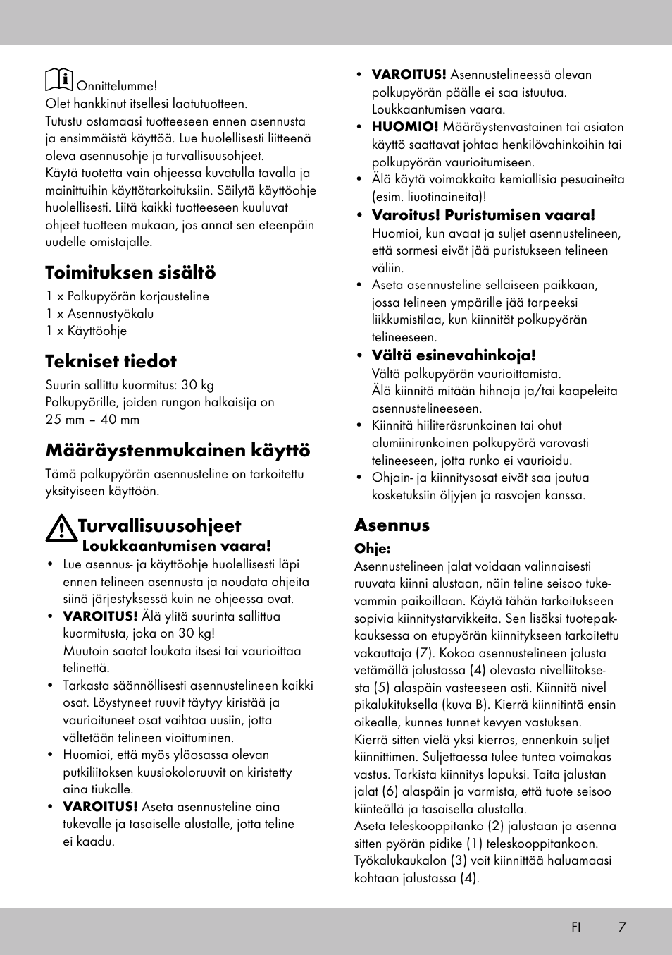 Toimituksen sisältö, Tekniset tiedot, Määräystenmukainen käyttö | Turvallisuusohjeet, Asennus | Powerfix Bike Workstand User Manual | Page 5 / 22