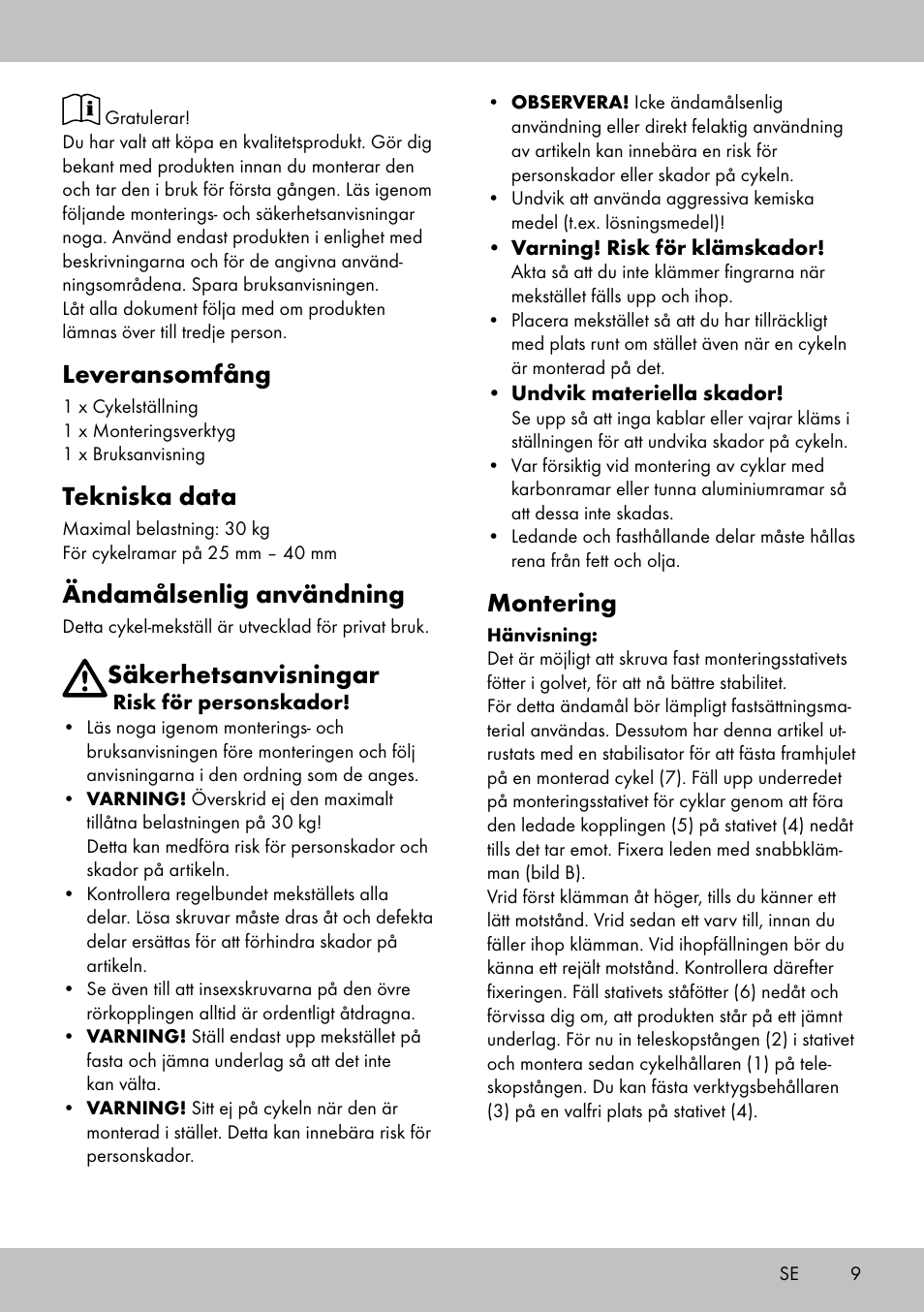 Leveransomfång, Tekniska data, Ändamålsenlig användning | Säkerhetsanvisningar, Montering | Powerfix Bike Workstand User Manual | Page 7 / 22