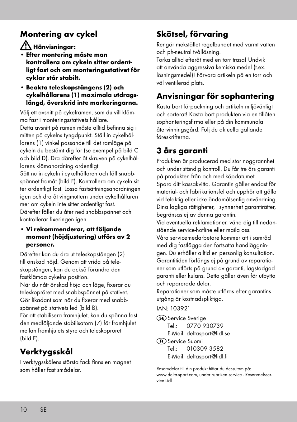 Skötsel, förvaring, Anvisningar för sophantering, 3 års garanti | Montering av cykel, Verktygsskål | Powerfix Bike Workstand User Manual | Page 8 / 22