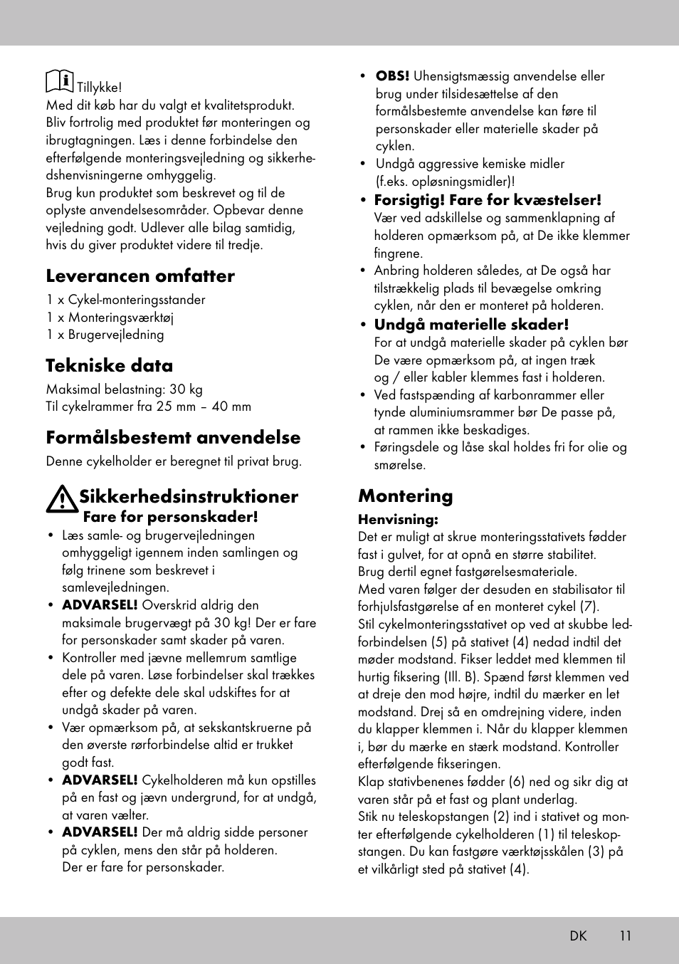 Leverancen omfatter, Tekniske data, Formålsbestemt anvendelse | Sikkerhedsinstruktioner, Montering | Powerfix Bike Workstand User Manual | Page 9 / 22