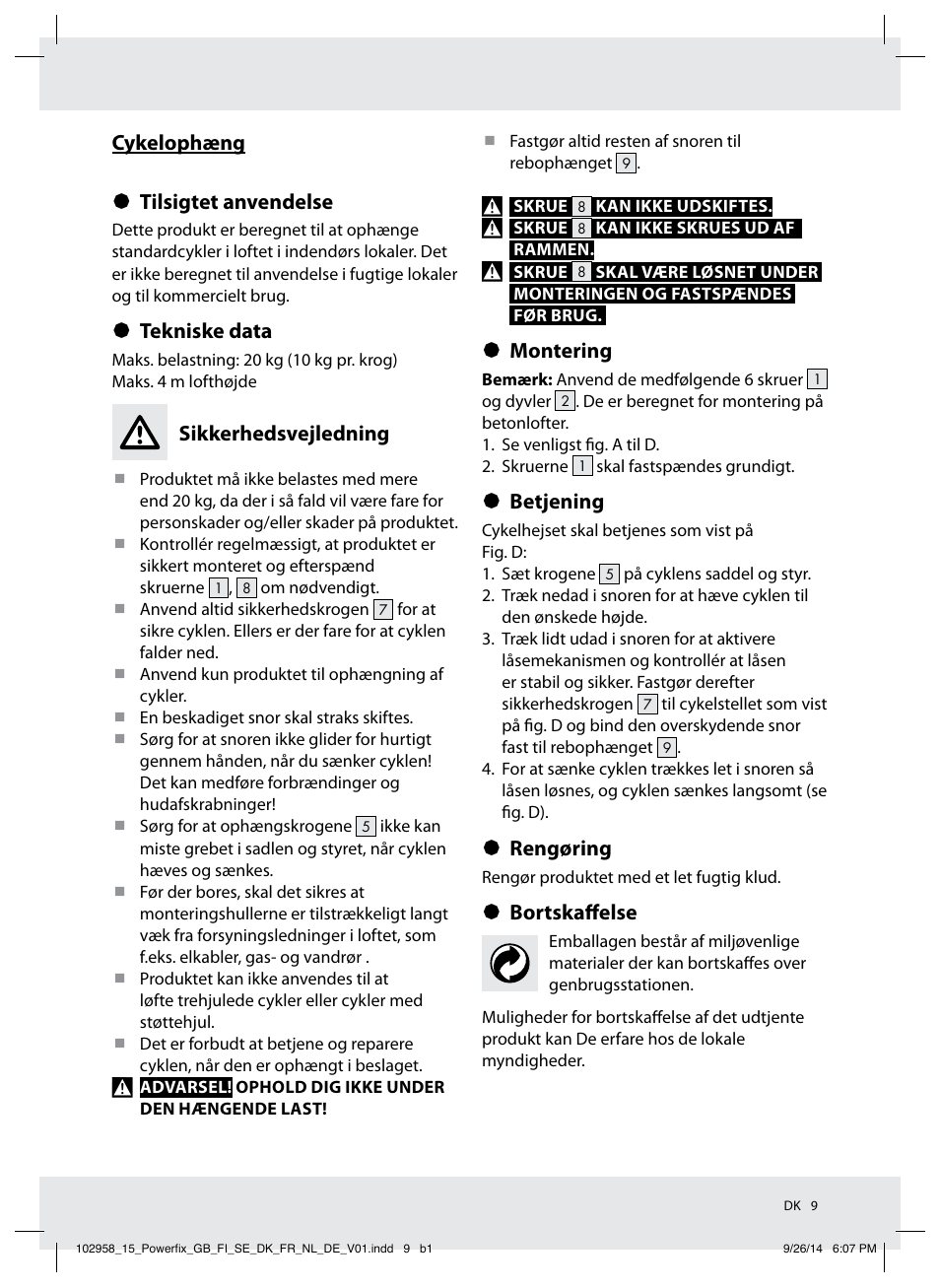 Cykelophæng § tilsigtet anvendelse, Tekniske data, Sikkerhedsvejledning | Montering, Betjening, Rengøring, Bortskaffelse | Powerfix Z31845 User Manual | Page 10 / 19