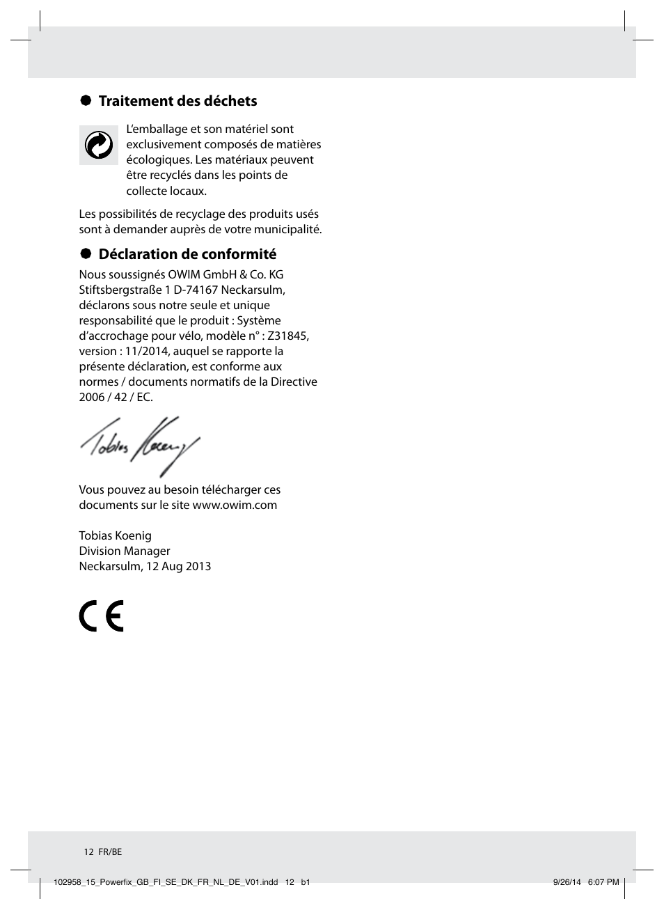 Traitement des déchets, Déclaration de conformité | Powerfix Z31845 User Manual | Page 13 / 19