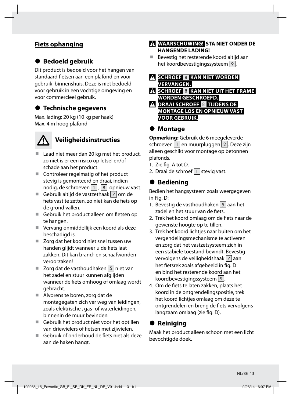 Fiets ophanging § bedoeld gebruik, Technische gegevens, Veiligheidsinstructies | Montage, Bediening, Reiniging | Powerfix Z31845 User Manual | Page 14 / 19