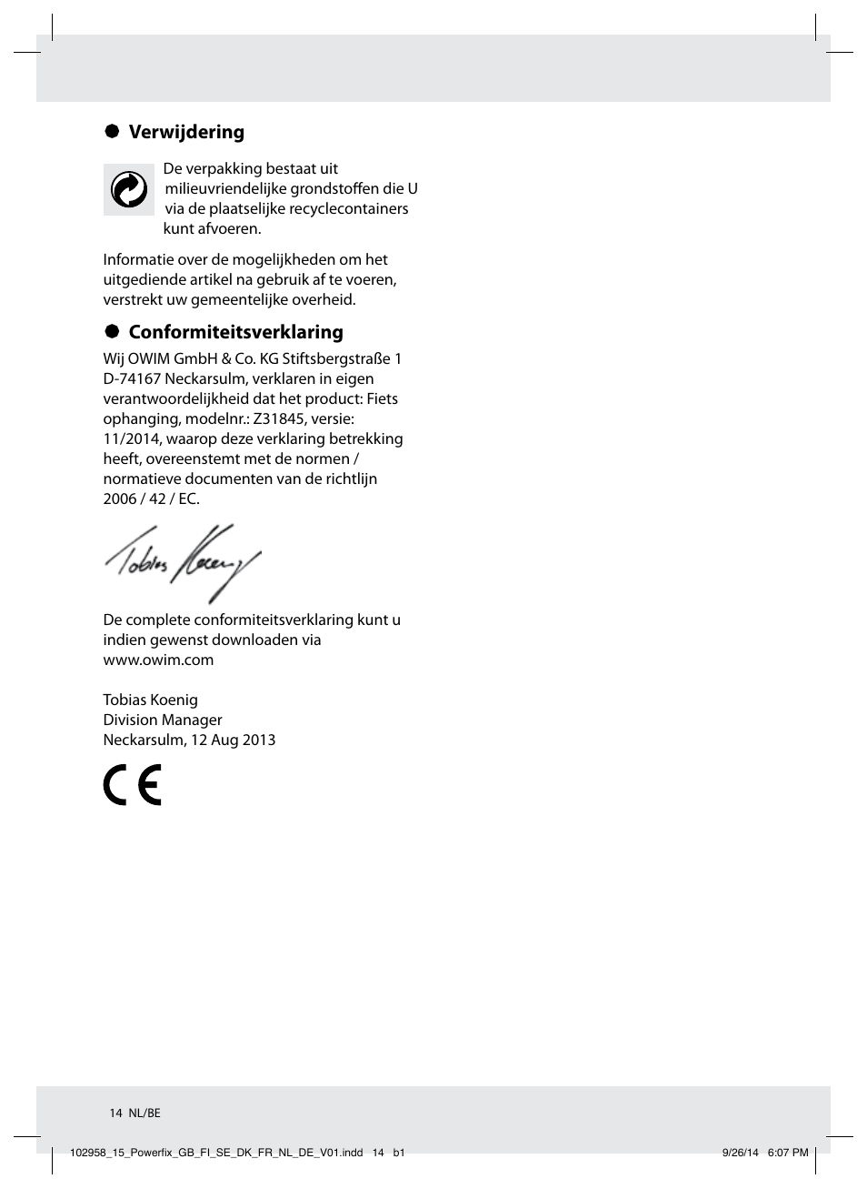 Verwijdering, Conformiteitsverklaring | Powerfix Z31845 User Manual | Page 15 / 19