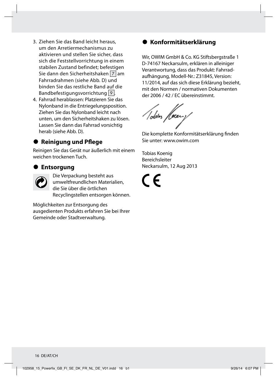 Reinigung und pflege, Entsorgung, Konformitätserklärung | Powerfix Z31845 User Manual | Page 17 / 19