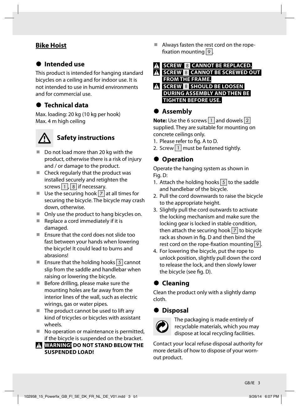 Bike hoist § intended use, Technical data, Safety instructions | Assembly, Operation, Cleaning, Disposal | Powerfix Z31845 User Manual | Page 4 / 19