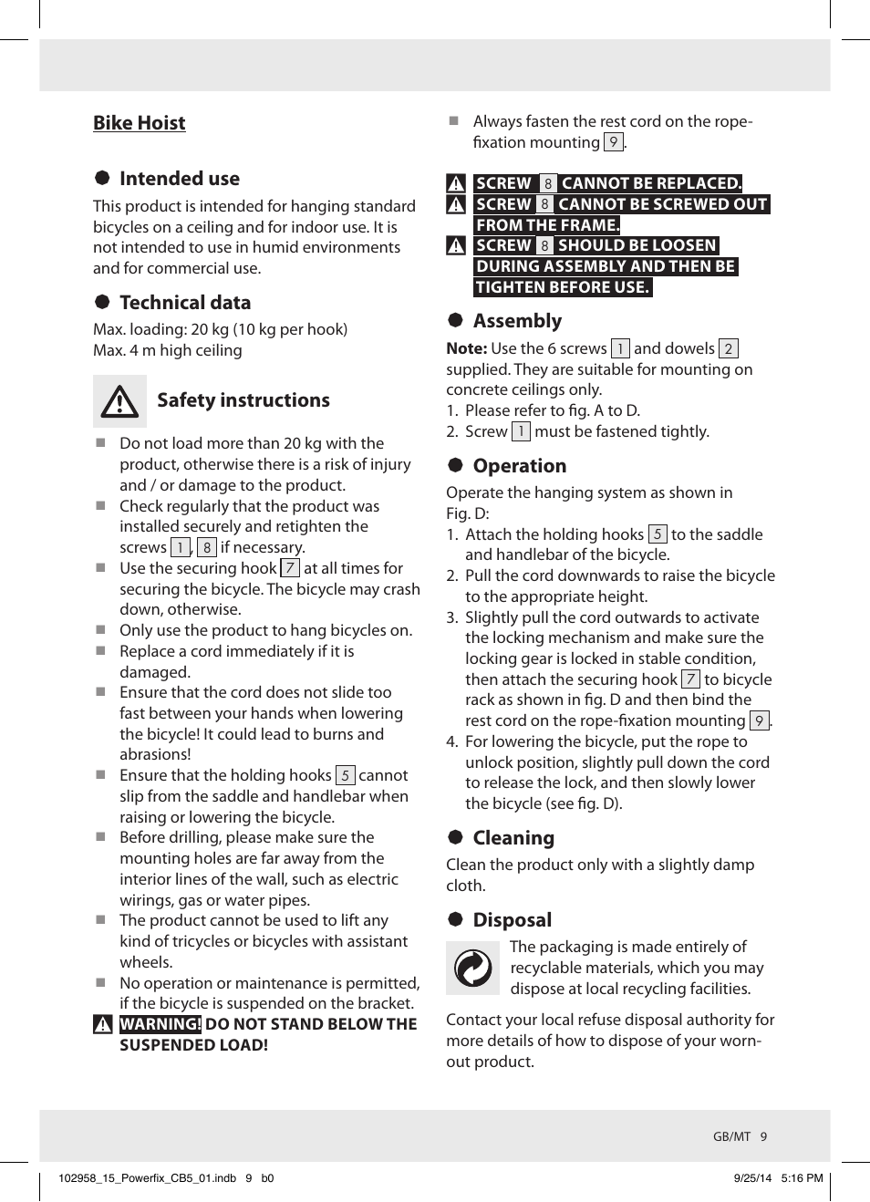 Bike hoist § intended use, Technical data, Safety instructions | Assembly, Operation, Cleaning, Disposal | Powerfix Z31845 User Manual | Page 10 / 15