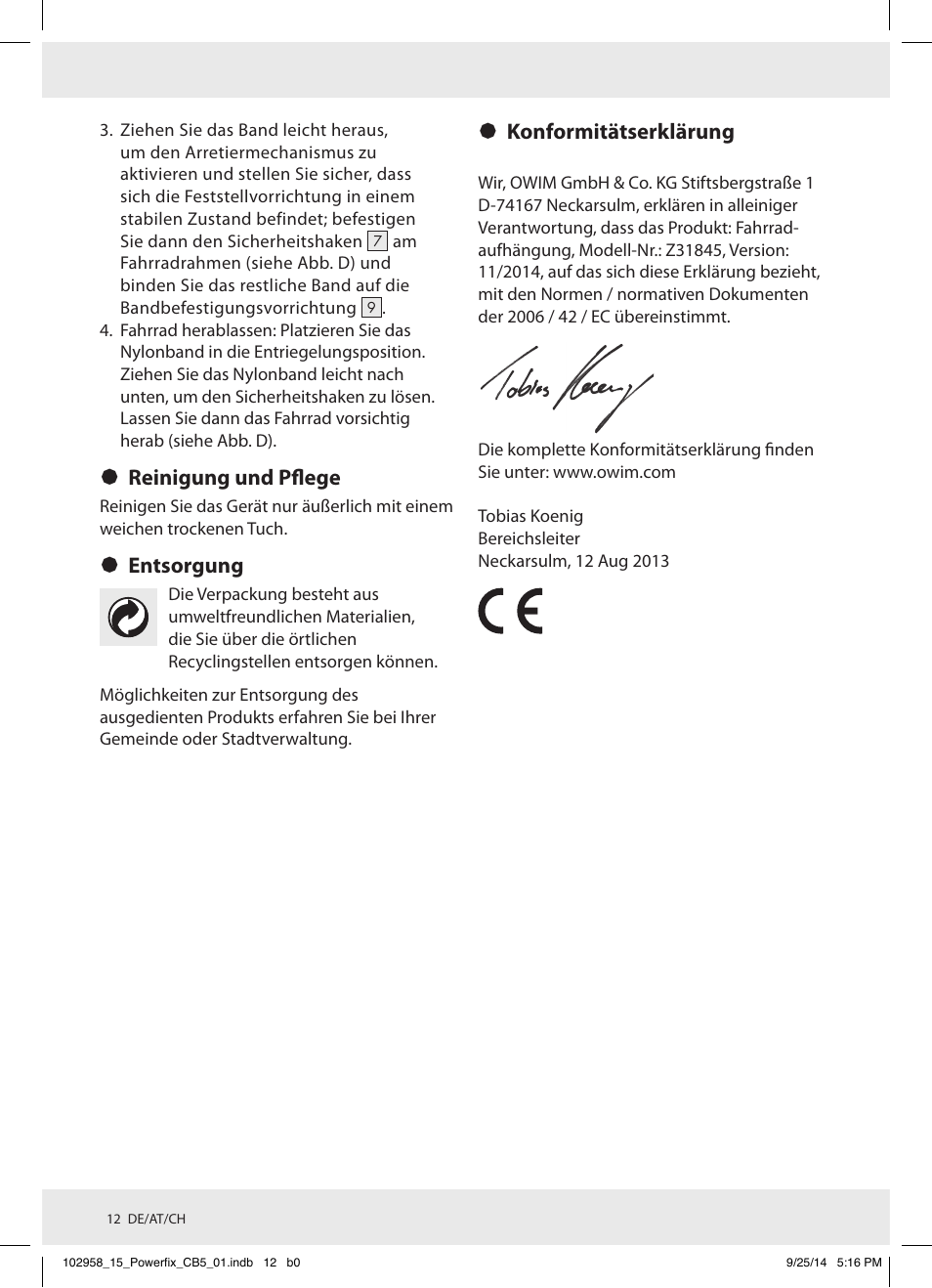 Reinigung und pflege, Entsorgung, Konformitätserklärung | Powerfix Z31845 User Manual | Page 13 / 15