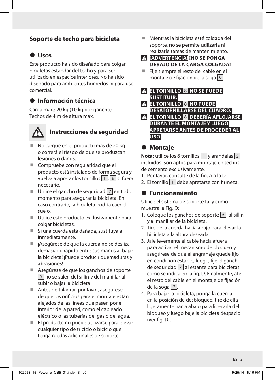 Soporte de techo para bicicleta § usos, Información técnica, Instrucciones de seguridad | Montaje, Funcionamiento | Powerfix Z31845 User Manual | Page 4 / 15