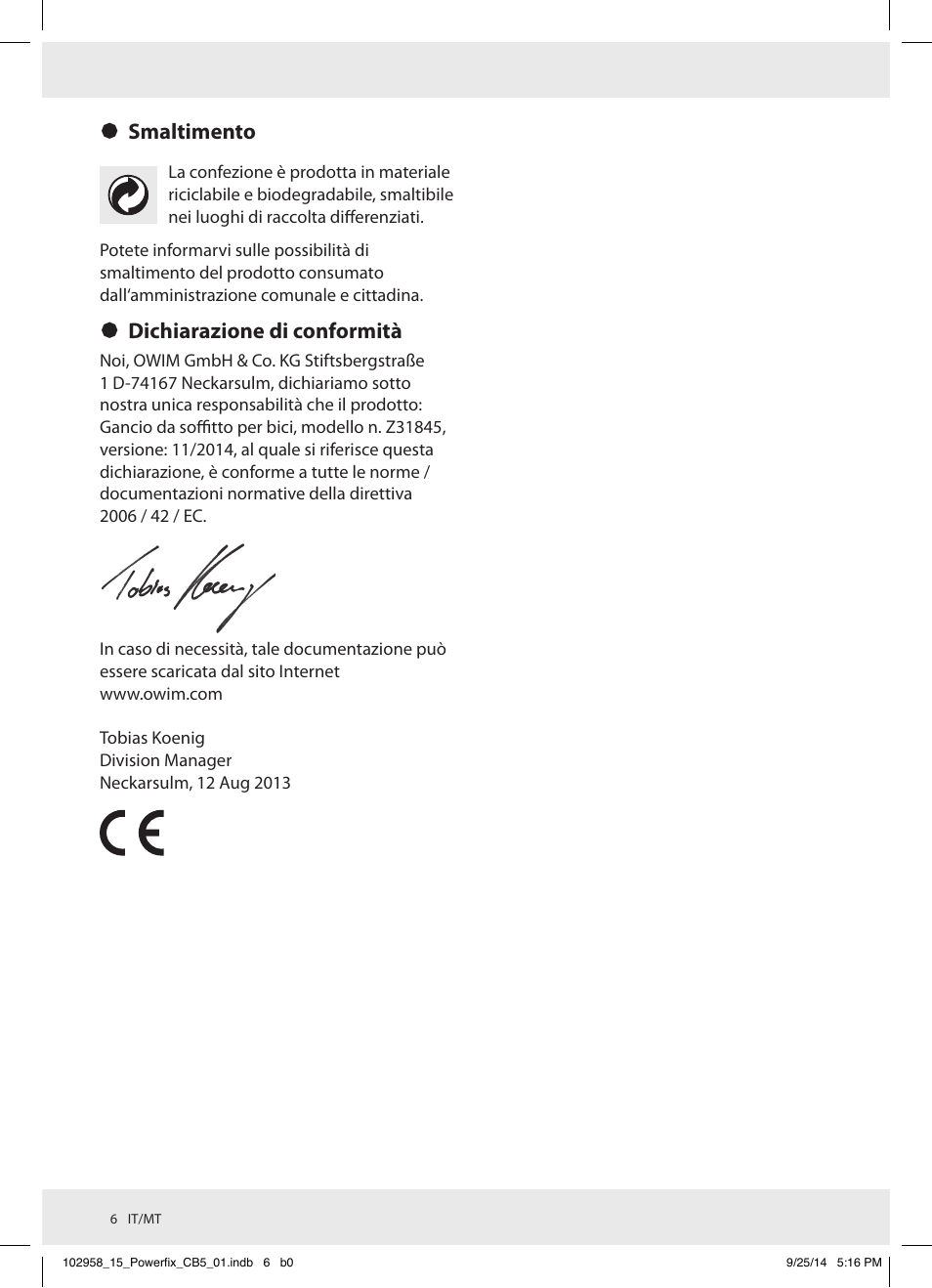 Smaltimento, Dichiarazione di conformità | Powerfix Z31845 User Manual | Page 7 / 15