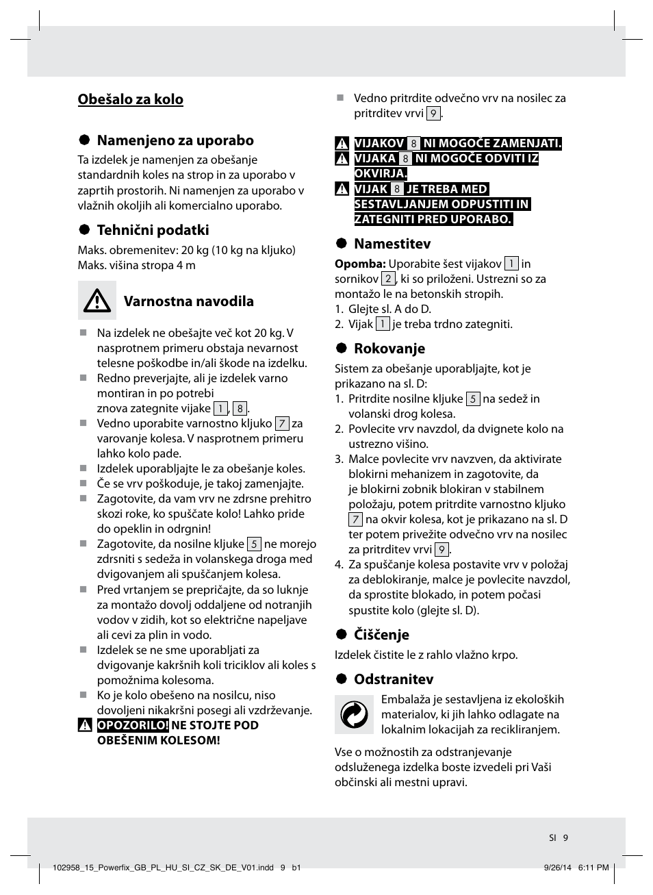 Obešalo za kolo § namenjeno za uporabo, Tehnični podatki, Varnostna navodila | Namestitev, Rokovanje, Čiščenje, Odstranitev | Powerfix Z31845 User Manual | Page 10 / 19