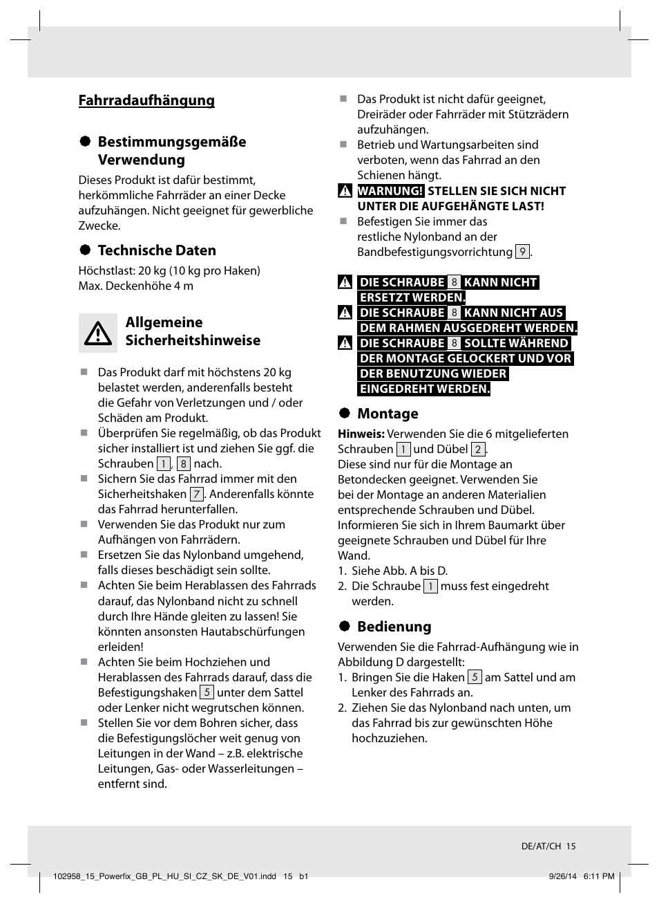 Fahrradaufhängung § bestimmungsgemäße verwendung, Technische daten, Allgemeine sicherheitshinweise | Montage, Bedienung | Powerfix Z31845 User Manual | Page 16 / 19