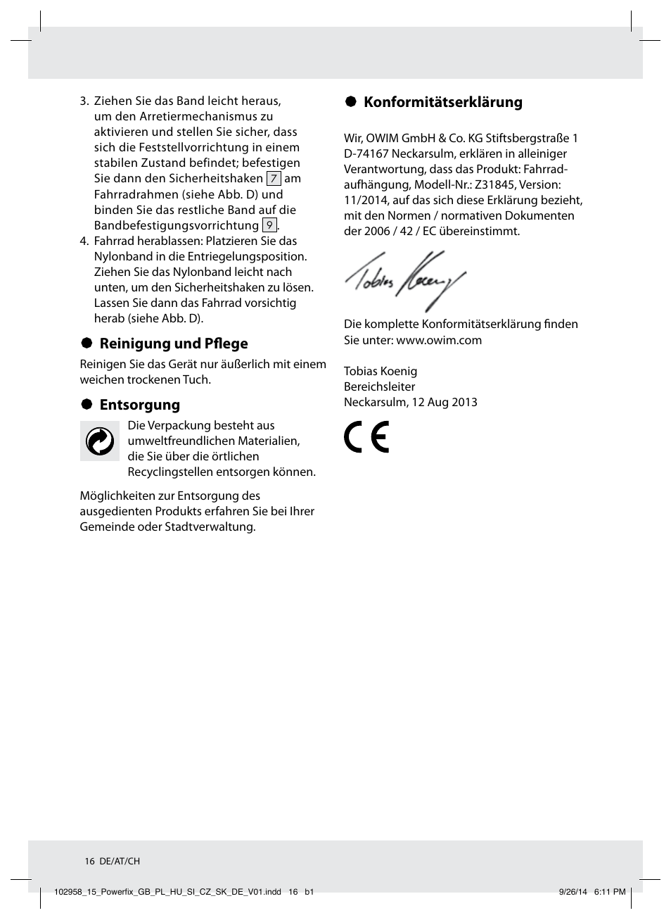Reinigung und pflege, Entsorgung, Konformitätserklärung | Powerfix Z31845 User Manual | Page 17 / 19