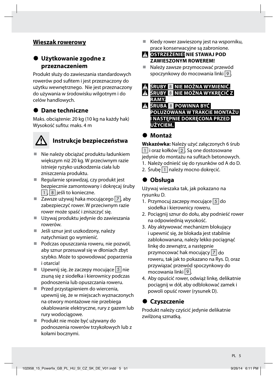 Dane techniczne, Instrukcje bezpieczeństwa, Montaż | Obsługa, Czyszczenie | Powerfix Z31845 User Manual | Page 6 / 19