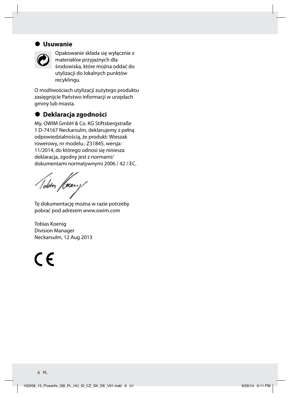 Usuwanie, Deklaracja zgodności | Powerfix Z31845 User Manual | Page 7 / 19