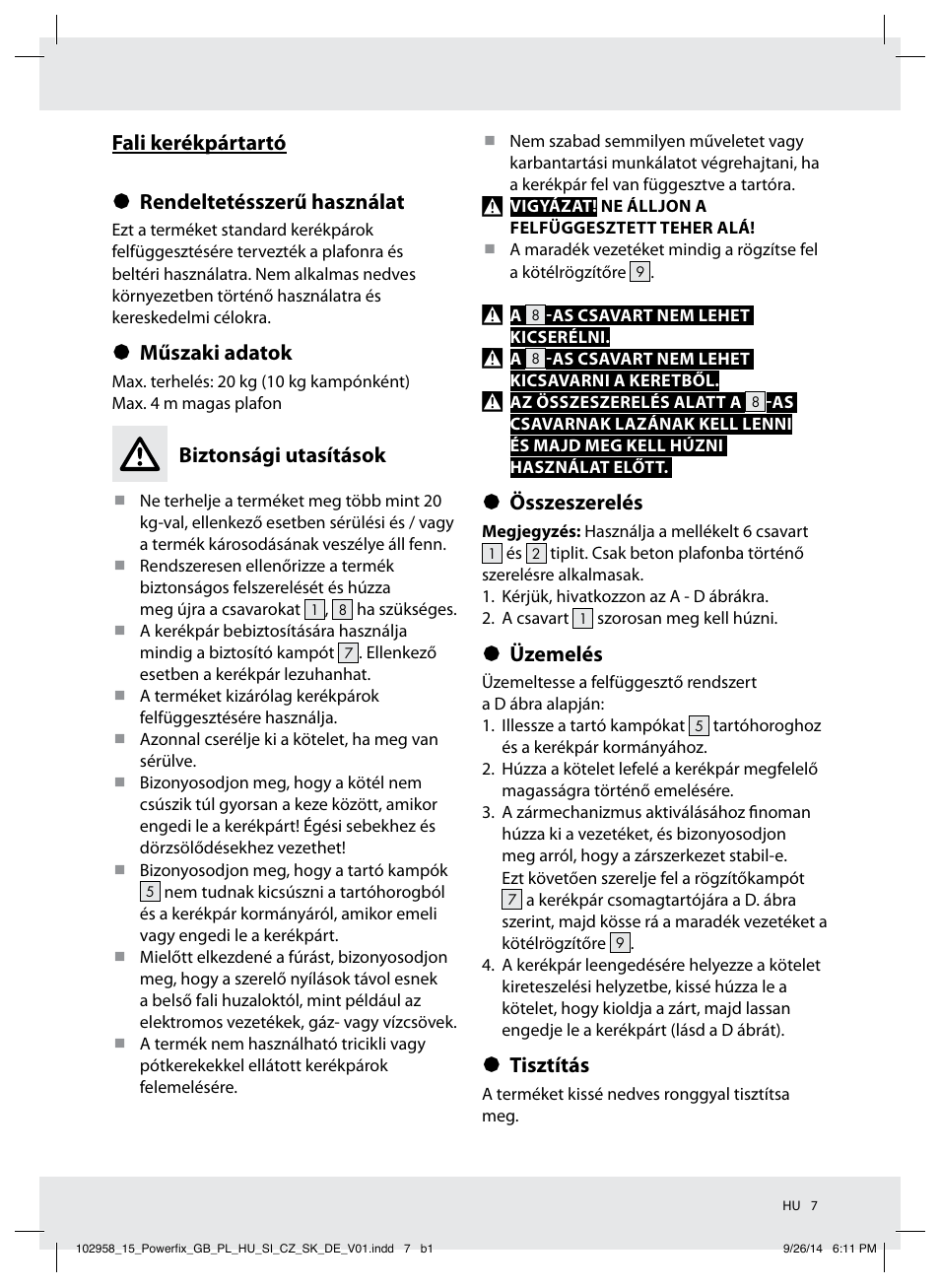 Fali kerékpártartó § rendeltetésszerű használat, Műszaki adatok, Biztonsági utasítások | Összeszerelés, Üzemelés, Tisztítás | Powerfix Z31845 User Manual | Page 8 / 19