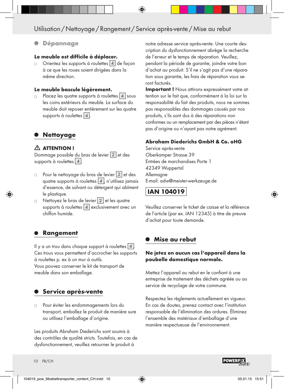 Dépannage, Nettoyage, Rangement | Service après-vente, Mise au rebut | Powerfix FURNITURE TRANSPORT SET User Manual | Page 10 / 17