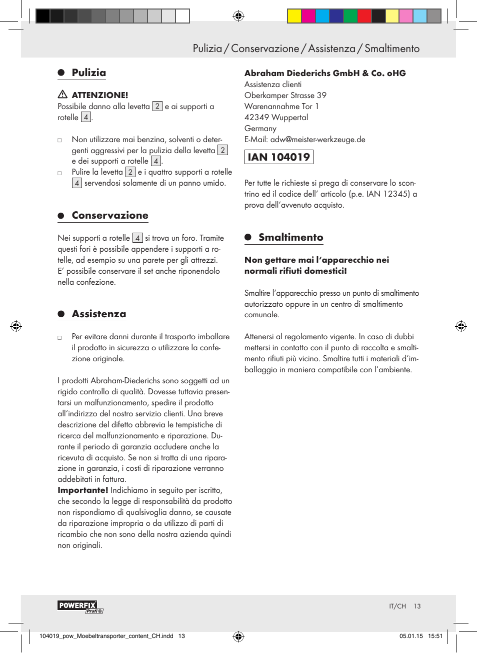 Pulizia, Conservazione, Assistenza | Smaltimento | Powerfix FURNITURE TRANSPORT SET User Manual | Page 13 / 17