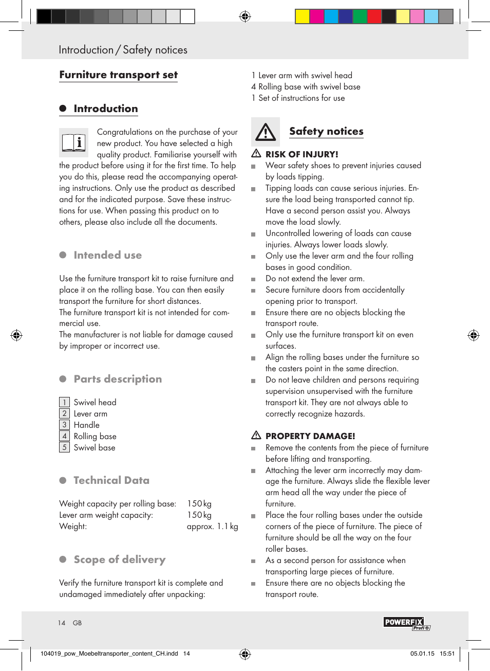 Furniture transport set, Introduction, Intended use | Parts description, Technical data, Scope of delivery, Safety notices | Powerfix FURNITURE TRANSPORT SET User Manual | Page 14 / 17