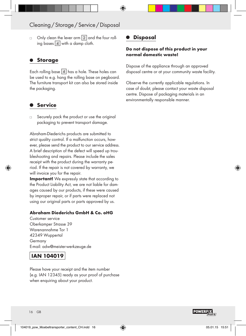 Cleaning / storage / service / disposal, Storage, Service | Disposal | Powerfix FURNITURE TRANSPORT SET User Manual | Page 16 / 17