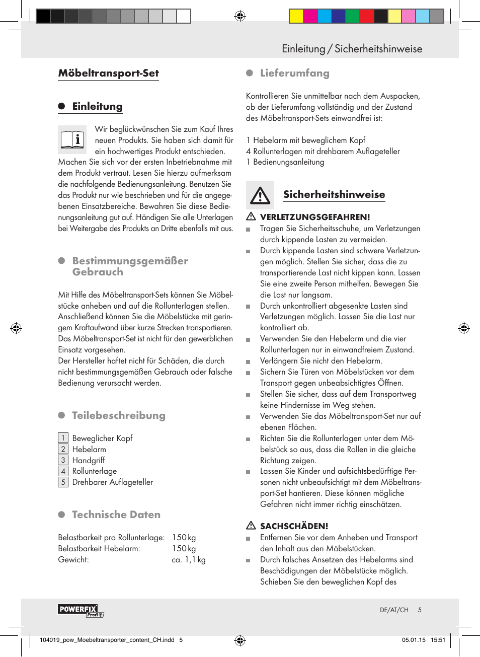 Einleitung / sicherheitshinweise, Möbeltransport-set, Einleitung | Bestimmungsgemäßer gebrauch, Teilebeschreibung, Technische daten, Lieferumfang, Sicherheitshinweise | Powerfix FURNITURE TRANSPORT SET User Manual | Page 5 / 17