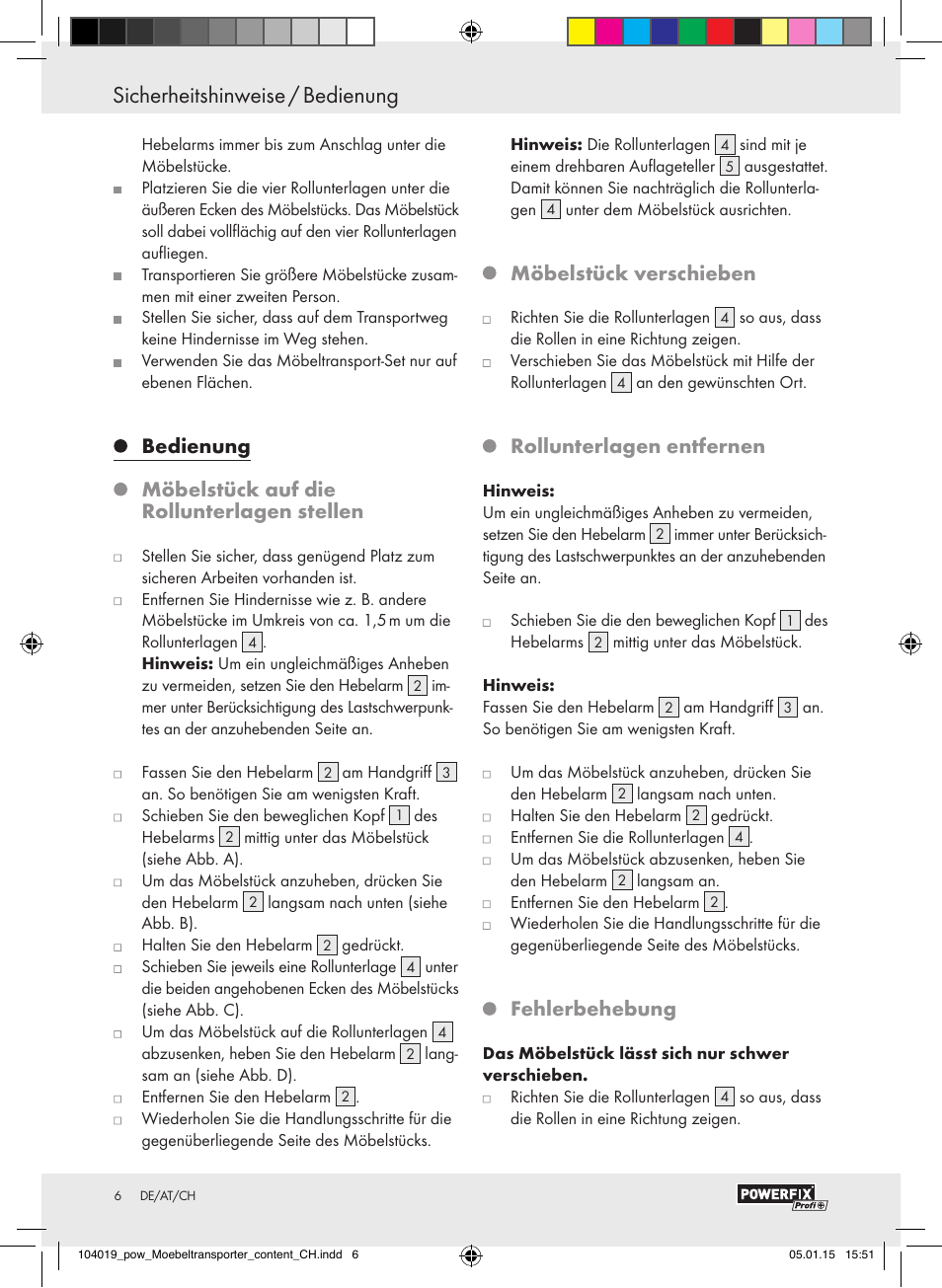 Möbelstück verschieben, Rollunterlagen entfernen, Fehlerbehebung | Powerfix FURNITURE TRANSPORT SET User Manual | Page 6 / 17