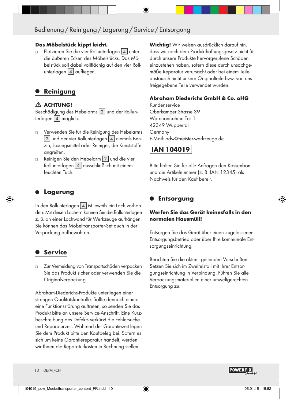 Reinigung, Lagerung, Service | Entsorgung | Powerfix FURNITURE TRANSPORT SET User Manual | Page 10 / 17