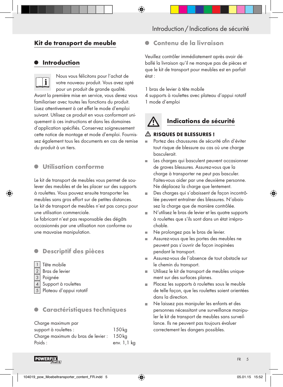 Introduction / indications de sécurité, Kit de transport de meuble, Introduction | Utilisation conforme, Descriptif des pièces, Caractéristiques techniques, Contenu de la livraison, Indications de sécurité | Powerfix FURNITURE TRANSPORT SET User Manual | Page 5 / 17