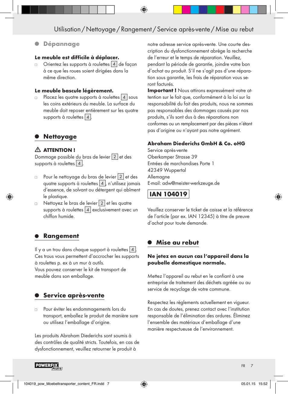 Dépannage, Nettoyage, Rangement | Service après-vente, Mise au rebut | Powerfix FURNITURE TRANSPORT SET User Manual | Page 7 / 17