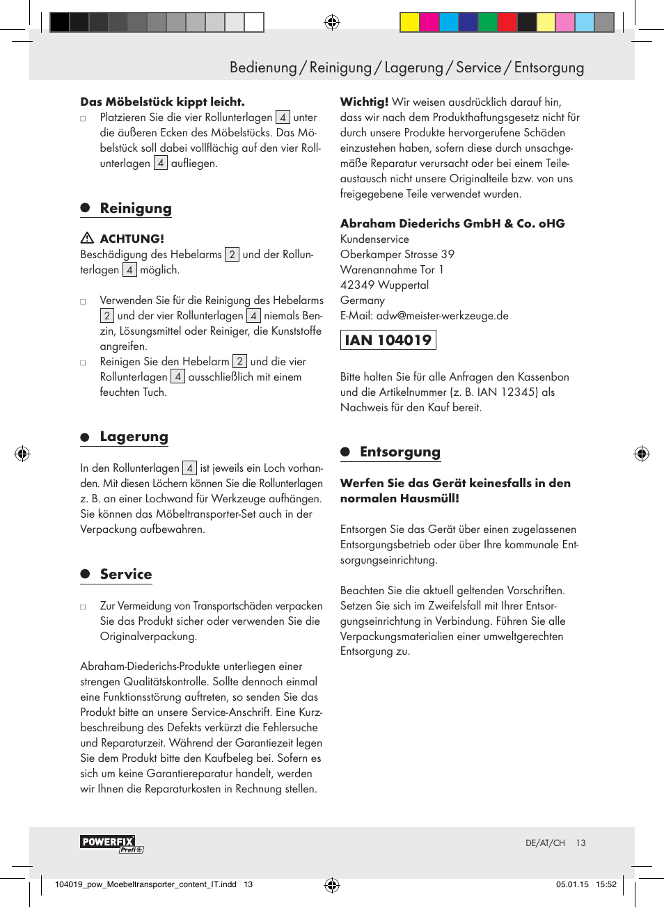 Sicherheitshinweise / bedienung, Reinigung, Lagerung | Service, Entsorgung | Powerfix FURNITURE TRANSPORT SET User Manual | Page 13 / 17