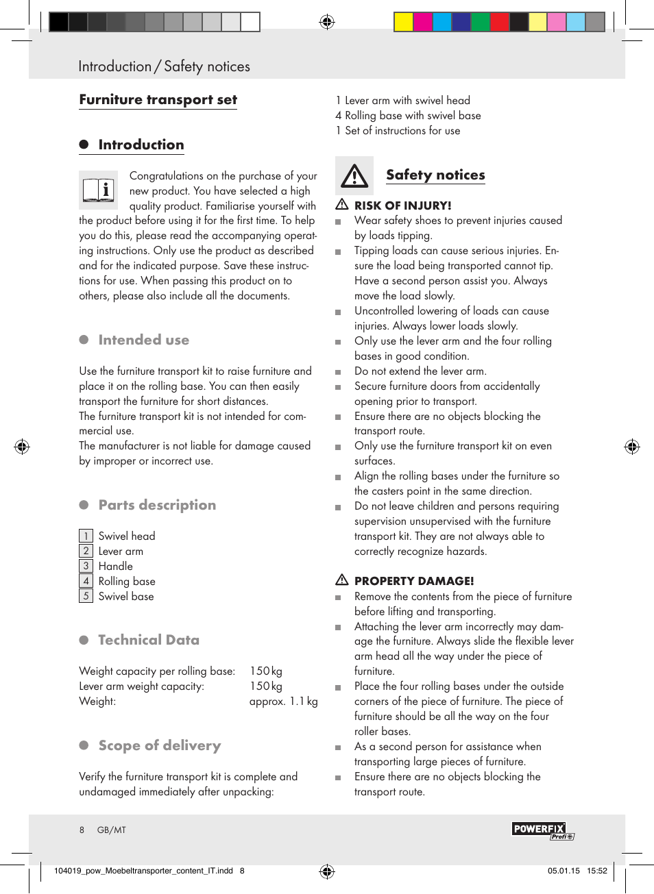 Furniture transport set, Introduction, Intended use | Parts description, Technical data, Scope of delivery, Safety notices | Powerfix FURNITURE TRANSPORT SET User Manual | Page 8 / 17