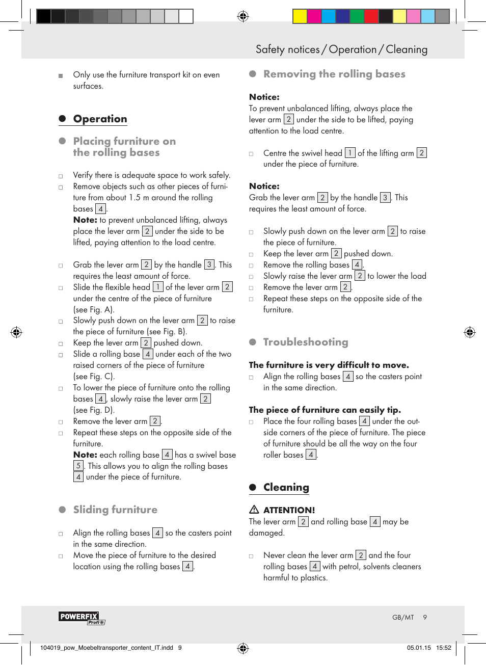 Safety notices / operation / cleaning, Introduction / safety notices, Operation placing furniture on the rolling bases | Sliding furniture, Removing the rolling bases, Troubleshooting, Cleaning | Powerfix FURNITURE TRANSPORT SET User Manual | Page 9 / 17