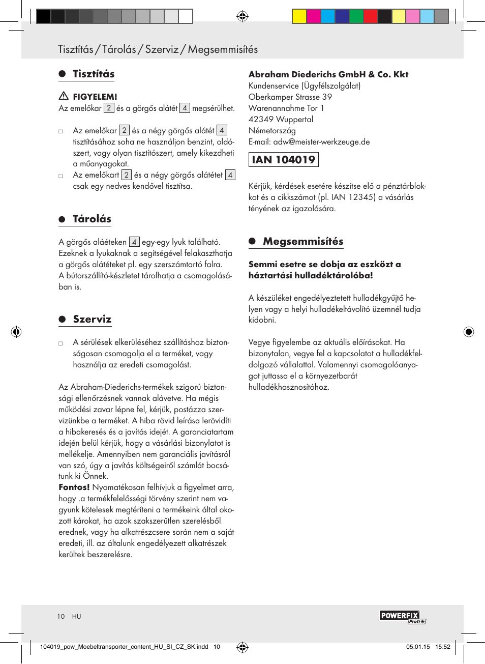 Tisztítás, Tárolás, Szerviz | Megsemmisítés | Powerfix FURNITURE TRANSPORT SET User Manual | Page 10 / 25