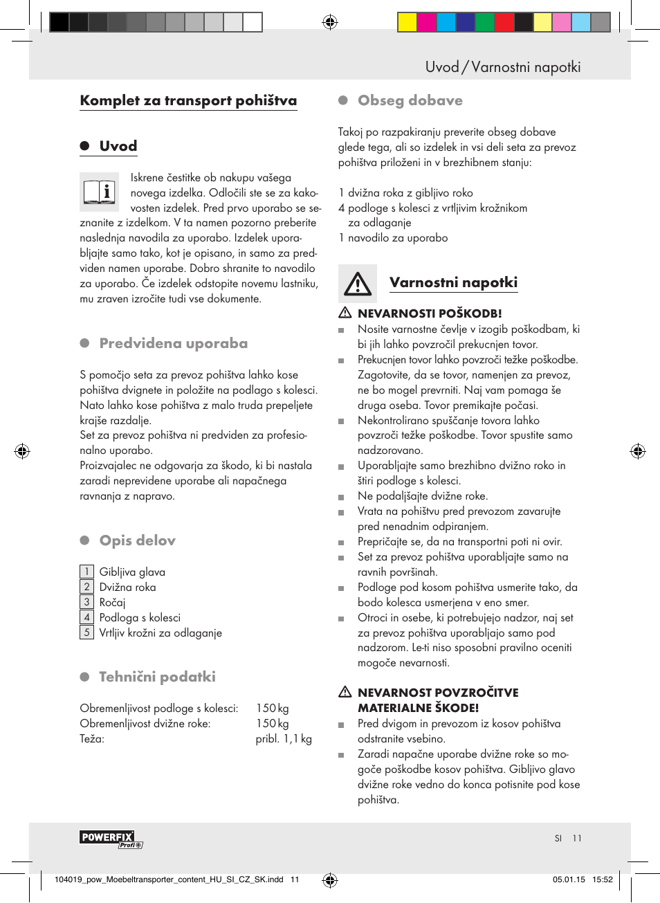 Komplet za transport pohištva, Uvod, Predvidena uporaba | Opis delov, Tehnični podatki, Obseg dobave, Varnostni napotki | Powerfix FURNITURE TRANSPORT SET User Manual | Page 11 / 25