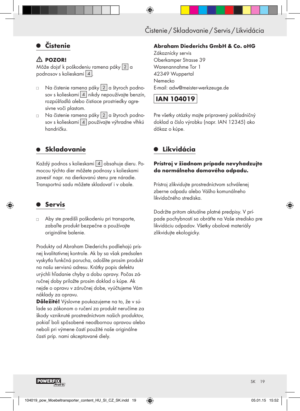 Čistenie, Skladovanie, Servis | Likvidácia | Powerfix FURNITURE TRANSPORT SET User Manual | Page 19 / 25