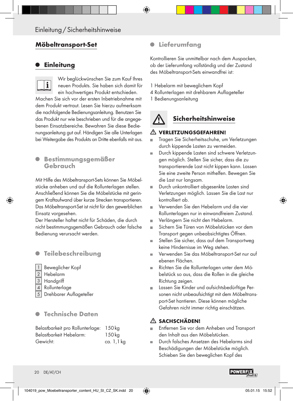 Einleitung / sicherheitshinweise, Sicherheitshinweise / bedienung, Möbeltransport-set | Einleitung, Bestimmungsgemäßer gebrauch, Teilebeschreibung, Technische daten, Lieferumfang, Sicherheitshinweise | Powerfix FURNITURE TRANSPORT SET User Manual | Page 20 / 25