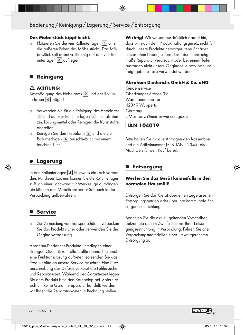 Reinigung, Lagerung, Service | Entsorgung | Powerfix FURNITURE TRANSPORT SET User Manual | Page 22 / 25