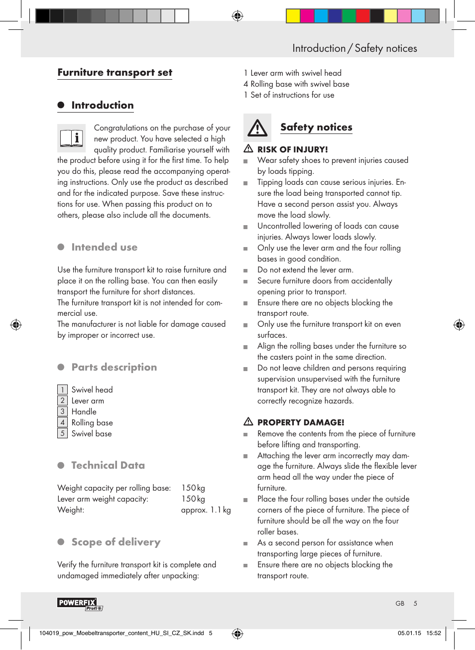 Introduction / safety notices, Furniture transport set, Introduction | Intended use, Parts description, Technical data, Scope of delivery, Safety notices | Powerfix FURNITURE TRANSPORT SET User Manual | Page 5 / 25