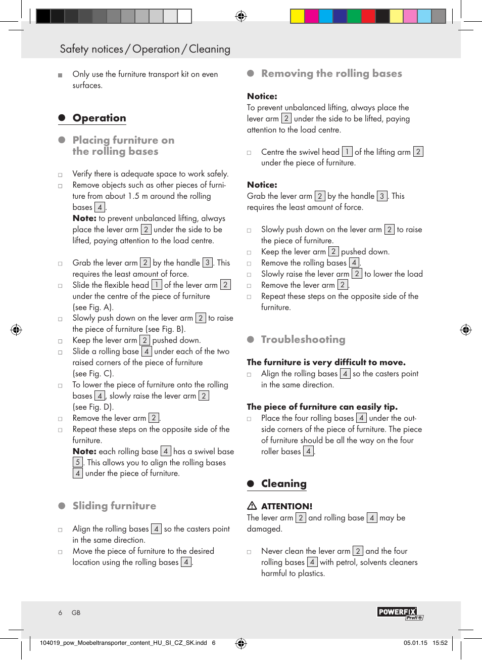 Operation placing furniture on the rolling bases, Sliding furniture, Removing the rolling bases | Troubleshooting, Cleaning | Powerfix FURNITURE TRANSPORT SET User Manual | Page 6 / 25