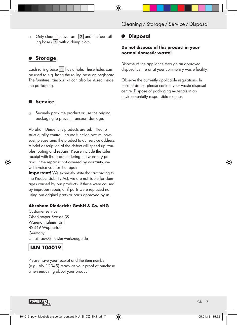 Cleaning / storage / service / disposal, Safety notices / operation / cleaning, Storage | Service, Disposal | Powerfix FURNITURE TRANSPORT SET User Manual | Page 7 / 25